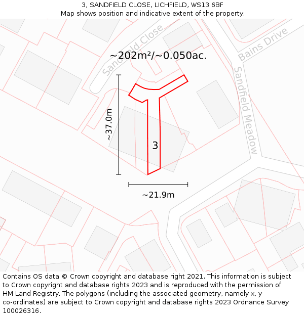 3, SANDFIELD CLOSE, LICHFIELD, WS13 6BF: Plot and title map