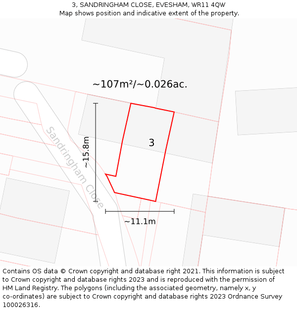 3, SANDRINGHAM CLOSE, EVESHAM, WR11 4QW: Plot and title map