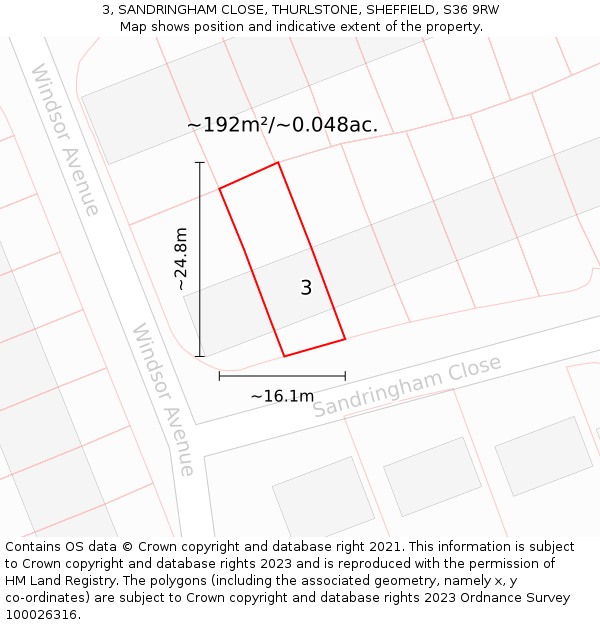 3, SANDRINGHAM CLOSE, THURLSTONE, SHEFFIELD, S36 9RW: Plot and title map