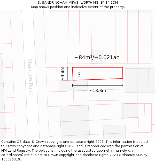3, SANDRINGHAM MEWS, WORTHING, BN14 9DN: Plot and title map