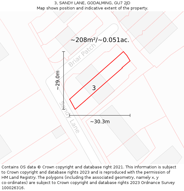 3, SANDY LANE, GODALMING, GU7 2JD: Plot and title map