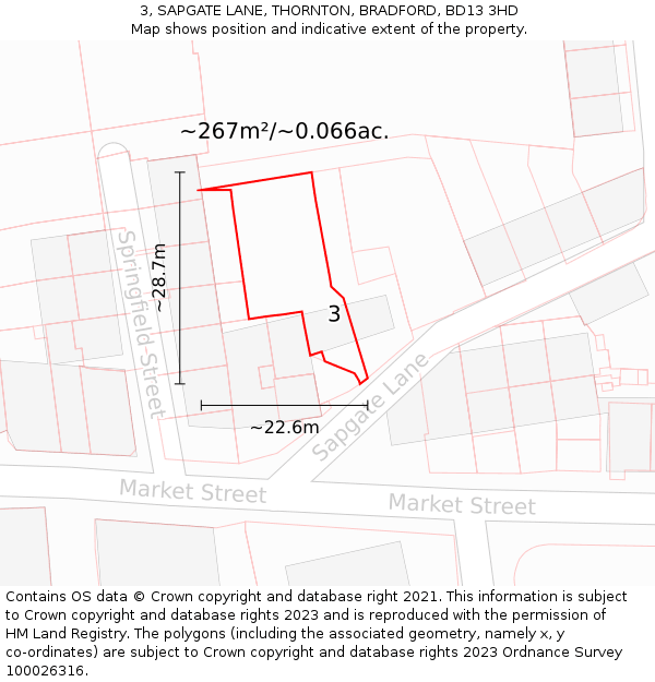 3, SAPGATE LANE, THORNTON, BRADFORD, BD13 3HD: Plot and title map