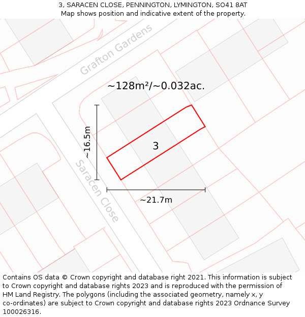 3, SARACEN CLOSE, PENNINGTON, LYMINGTON, SO41 8AT: Plot and title map