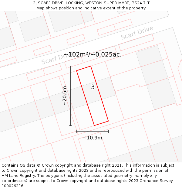 3, SCARF DRIVE, LOCKING, WESTON-SUPER-MARE, BS24 7LT: Plot and title map