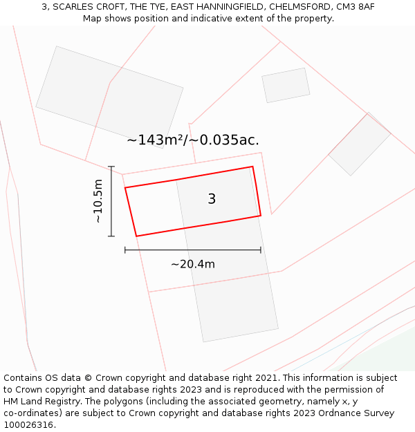 3, SCARLES CROFT, THE TYE, EAST HANNINGFIELD, CHELMSFORD, CM3 8AF: Plot and title map