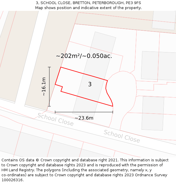 3, SCHOOL CLOSE, BRETTON, PETERBOROUGH, PE3 9FS: Plot and title map