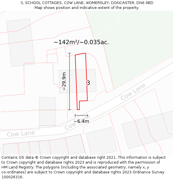 3, SCHOOL COTTAGES, COW LANE, WOMERSLEY, DONCASTER, DN6 9BD: Plot and title map