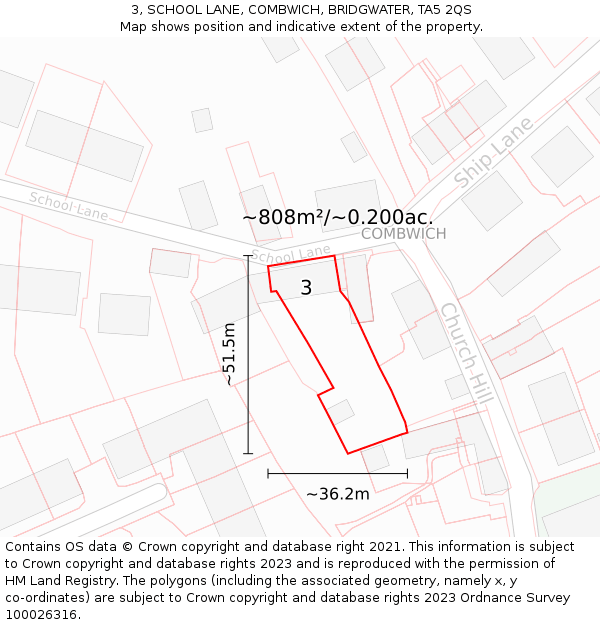 3, SCHOOL LANE, COMBWICH, BRIDGWATER, TA5 2QS: Plot and title map