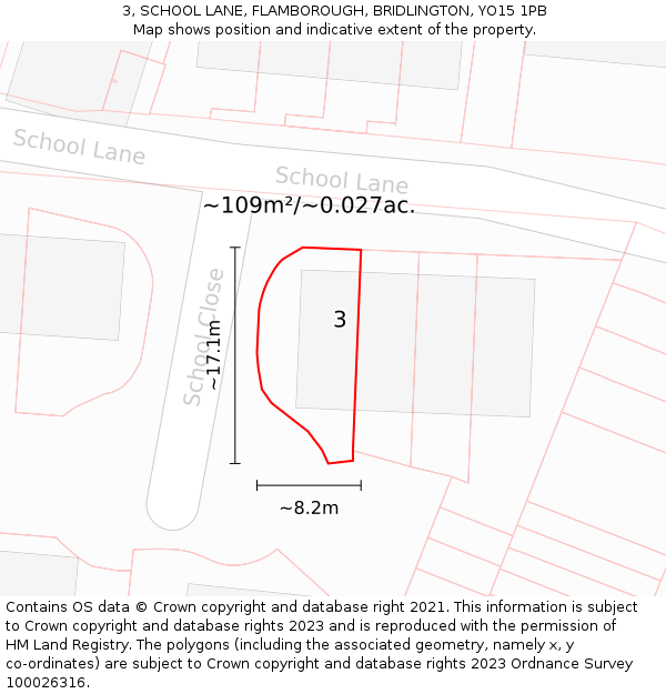 3, SCHOOL LANE, FLAMBOROUGH, BRIDLINGTON, YO15 1PB: Plot and title map