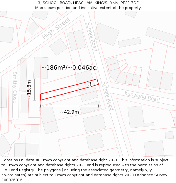 3, SCHOOL ROAD, HEACHAM, KING'S LYNN, PE31 7DE: Plot and title map