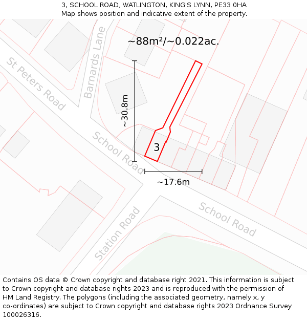 3, SCHOOL ROAD, WATLINGTON, KING'S LYNN, PE33 0HA: Plot and title map