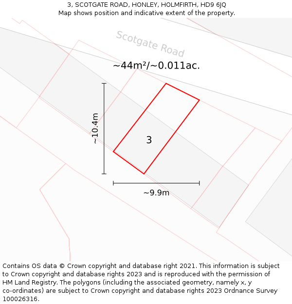 3, SCOTGATE ROAD, HONLEY, HOLMFIRTH, HD9 6JQ: Plot and title map
