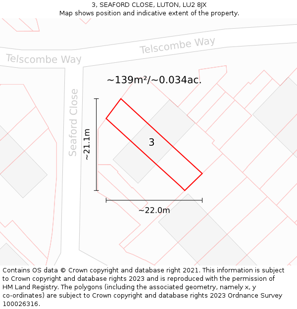 3, SEAFORD CLOSE, LUTON, LU2 8JX: Plot and title map