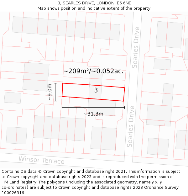 3, SEARLES DRIVE, LONDON, E6 6NE: Plot and title map