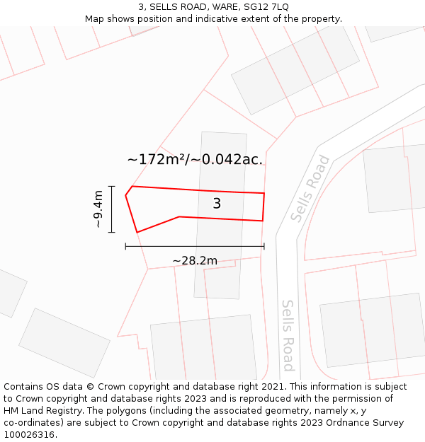 3, SELLS ROAD, WARE, SG12 7LQ: Plot and title map
