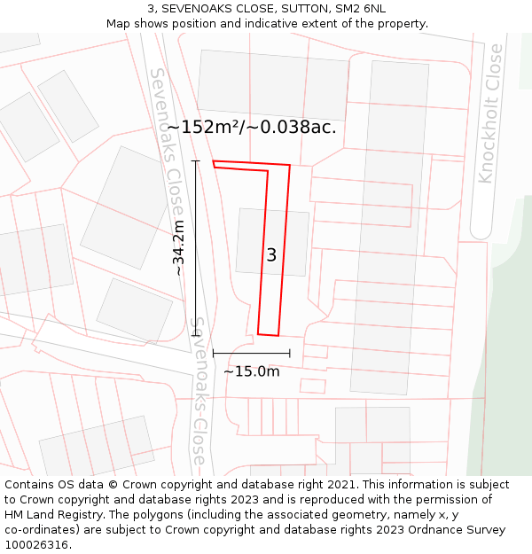 3, SEVENOAKS CLOSE, SUTTON, SM2 6NL: Plot and title map