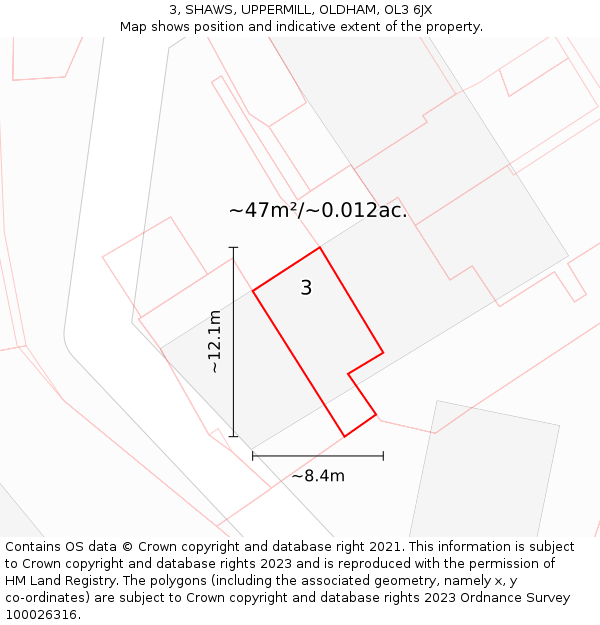 3, SHAWS, UPPERMILL, OLDHAM, OL3 6JX: Plot and title map