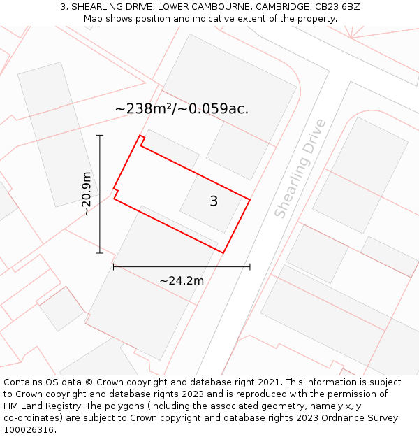 3, SHEARLING DRIVE, LOWER CAMBOURNE, CAMBRIDGE, CB23 6BZ: Plot and title map