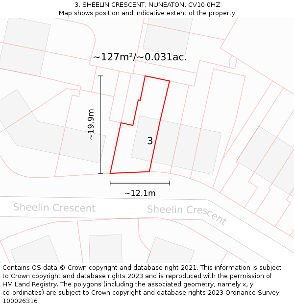 3, SHEELIN CRESCENT, NUNEATON, CV10 0HZ: Plot and title map