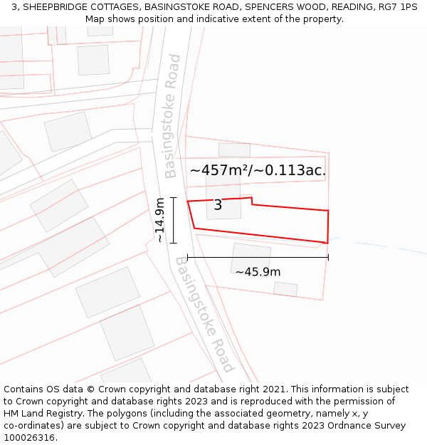 3, SHEEPBRIDGE COTTAGES, BASINGSTOKE ROAD, SPENCERS WOOD, READING, RG7 1PS: Plot and title map