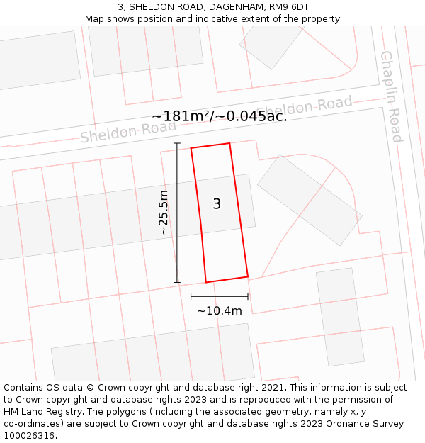 3, SHELDON ROAD, DAGENHAM, RM9 6DT: Plot and title map