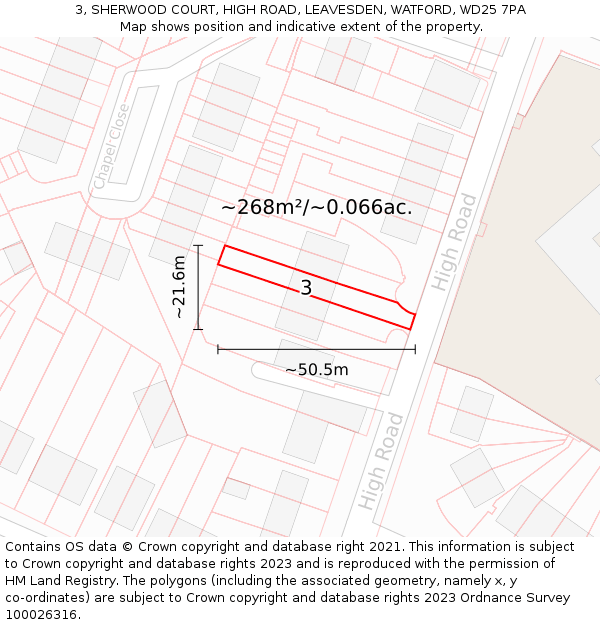 3, SHERWOOD COURT, HIGH ROAD, LEAVESDEN, WATFORD, WD25 7PA: Plot and title map