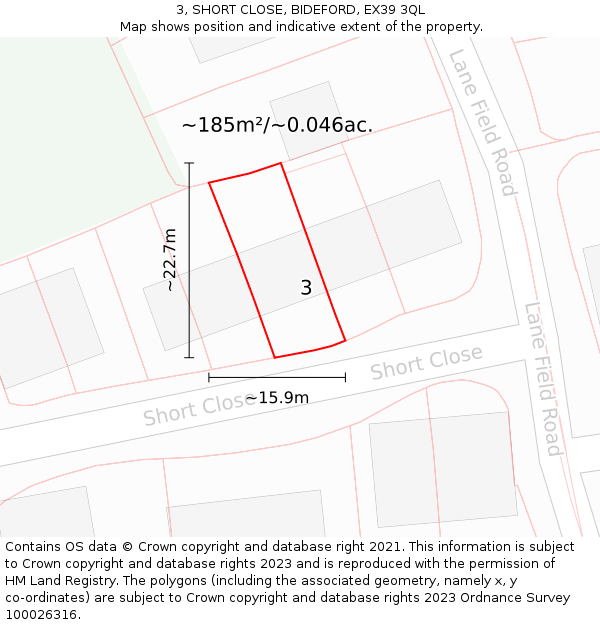 3, SHORT CLOSE, BIDEFORD, EX39 3QL: Plot and title map