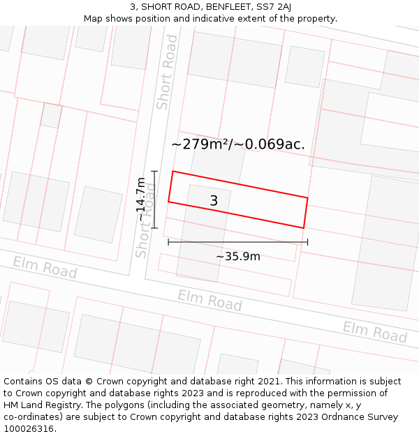 3, SHORT ROAD, BENFLEET, SS7 2AJ: Plot and title map