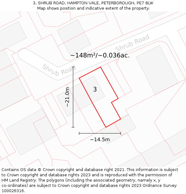 3, SHRUB ROAD, HAMPTON VALE, PETERBOROUGH, PE7 8LW: Plot and title map