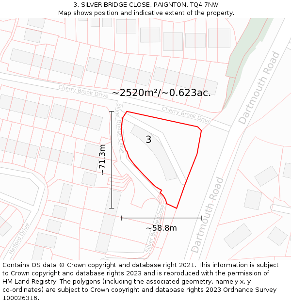 3, SILVER BRIDGE CLOSE, PAIGNTON, TQ4 7NW: Plot and title map