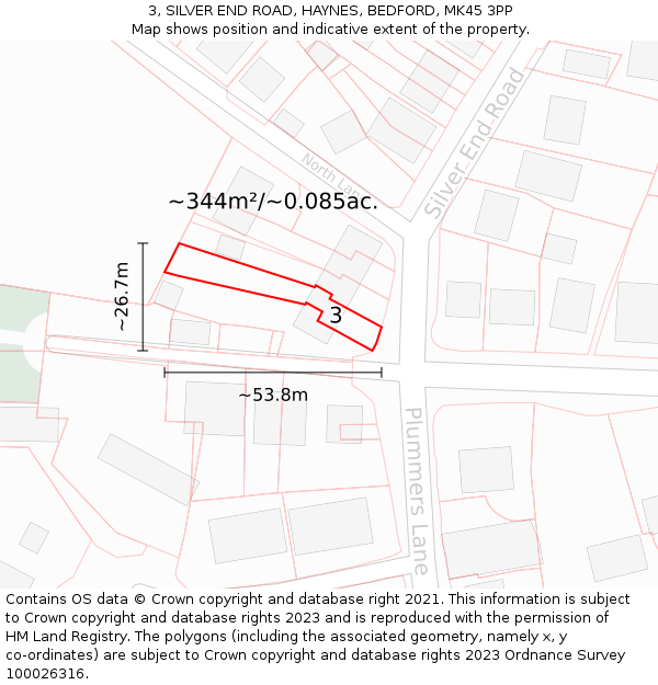 3, SILVER END ROAD, HAYNES, BEDFORD, MK45 3PP: Plot and title map