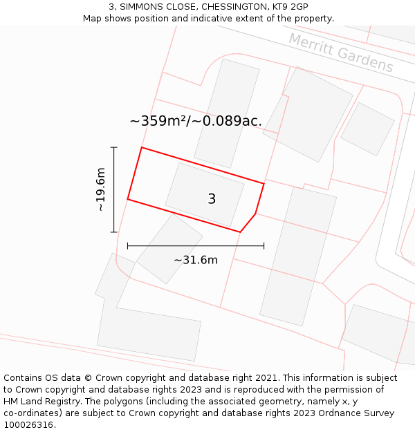 3, SIMMONS CLOSE, CHESSINGTON, KT9 2GP: Plot and title map