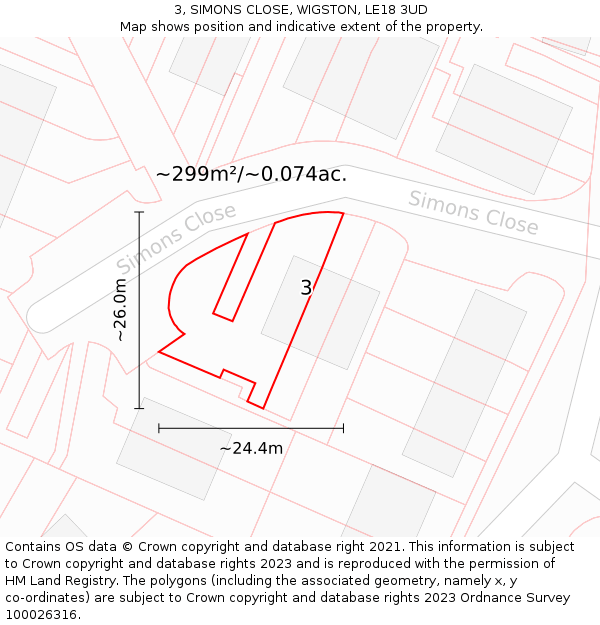 3, SIMONS CLOSE, WIGSTON, LE18 3UD: Plot and title map