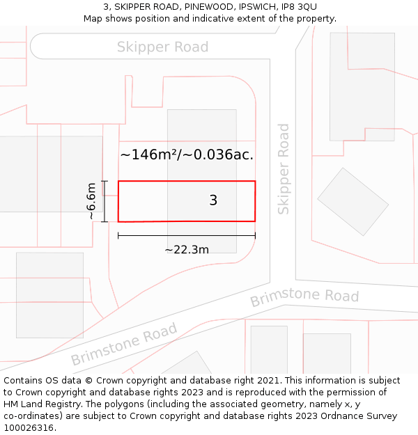 3, SKIPPER ROAD, PINEWOOD, IPSWICH, IP8 3QU: Plot and title map