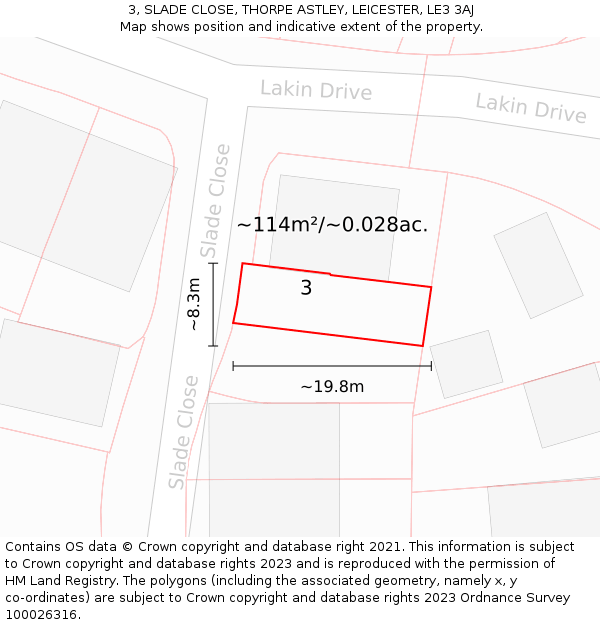 3, SLADE CLOSE, THORPE ASTLEY, LEICESTER, LE3 3AJ: Plot and title map