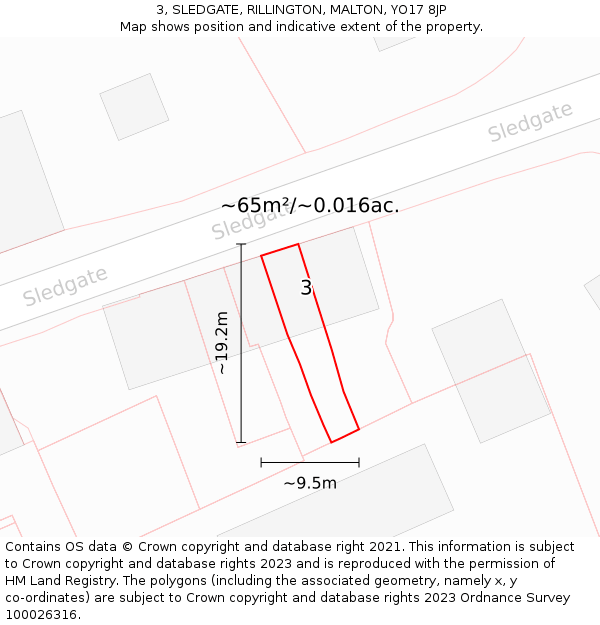 3, SLEDGATE, RILLINGTON, MALTON, YO17 8JP: Plot and title map