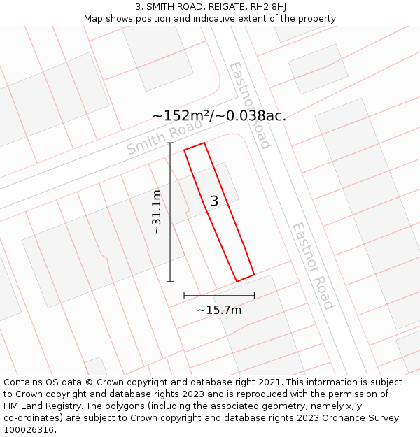 3, SMITH ROAD, REIGATE, RH2 8HJ: Plot and title map