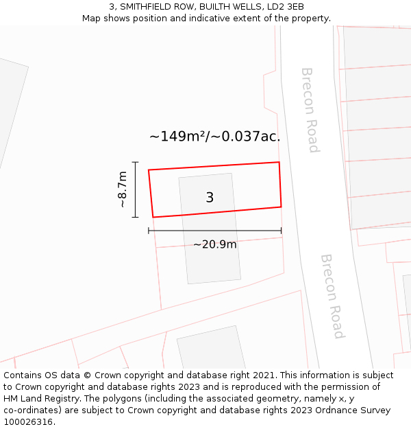 3, SMITHFIELD ROW, BUILTH WELLS, LD2 3EB: Plot and title map