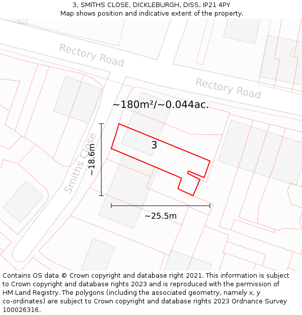 3, SMITHS CLOSE, DICKLEBURGH, DISS, IP21 4PY: Plot and title map