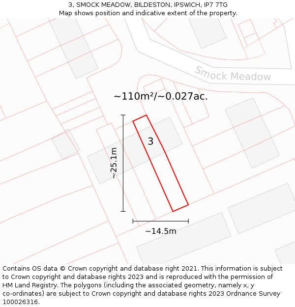 3, SMOCK MEADOW, BILDESTON, IPSWICH, IP7 7TG: Plot and title map