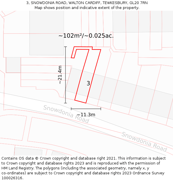 3, SNOWDONIA ROAD, WALTON CARDIFF, TEWKESBURY, GL20 7RN: Plot and title map