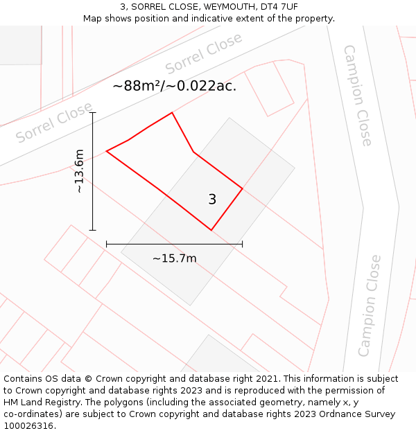 3, SORREL CLOSE, WEYMOUTH, DT4 7UF: Plot and title map
