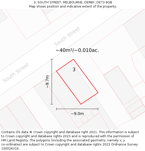 3, SOUTH STREET, MELBOURNE, DERBY, DE73 8GB: Plot and title map