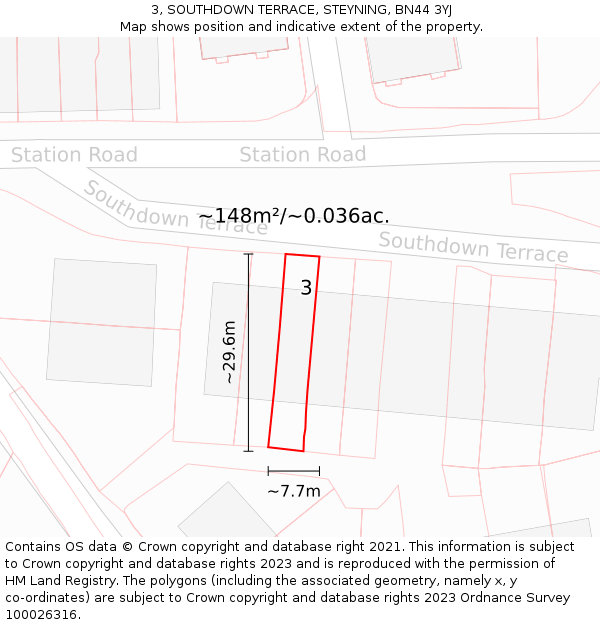3, SOUTHDOWN TERRACE, STEYNING, BN44 3YJ: Plot and title map