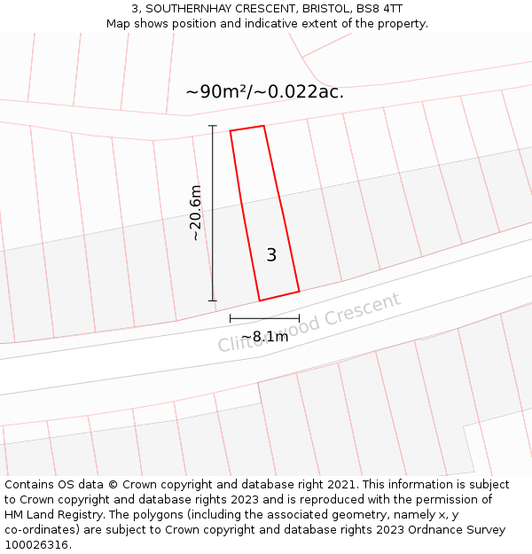 3, SOUTHERNHAY CRESCENT, BRISTOL, BS8 4TT: Plot and title map