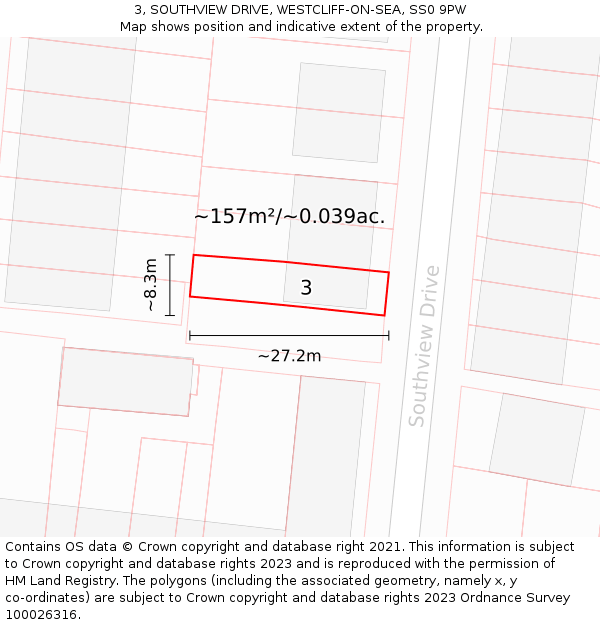 3, SOUTHVIEW DRIVE, WESTCLIFF-ON-SEA, SS0 9PW: Plot and title map