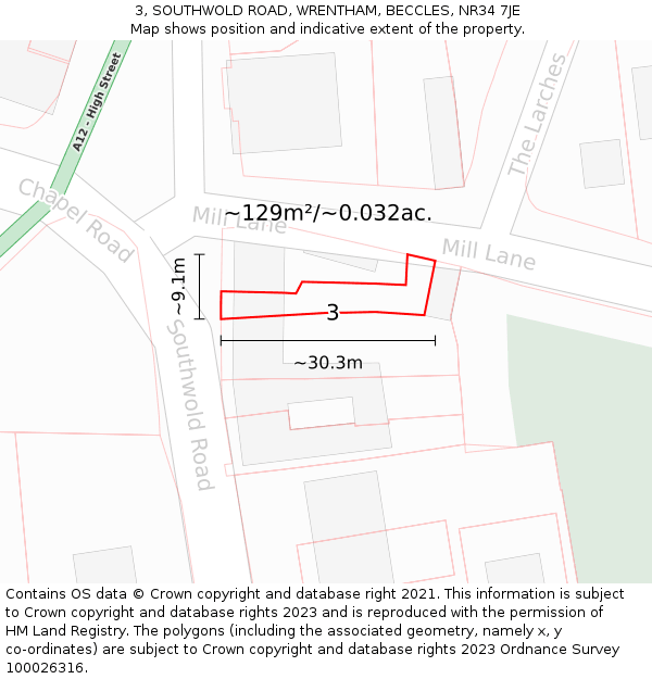 3, SOUTHWOLD ROAD, WRENTHAM, BECCLES, NR34 7JE: Plot and title map