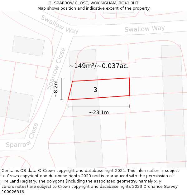 3, SPARROW CLOSE, WOKINGHAM, RG41 3HT: Plot and title map