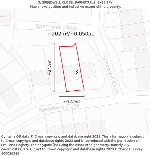 3, SPEEDWELL CLOSE, BARNSTAPLE, EX32 8PY: Plot and title map