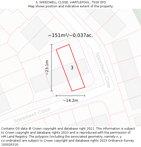 3, SPEEDWELL CLOSE, HARTLEPOOL, TS26 0FD: Plot and title map